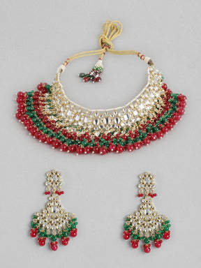 Red & Green Brass Kundan Studded Necklace