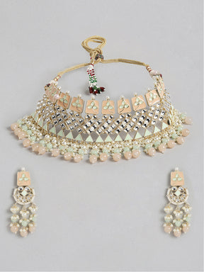 Peach-Coloured & Handcrafted Enamelled Kundan Jewellery Set