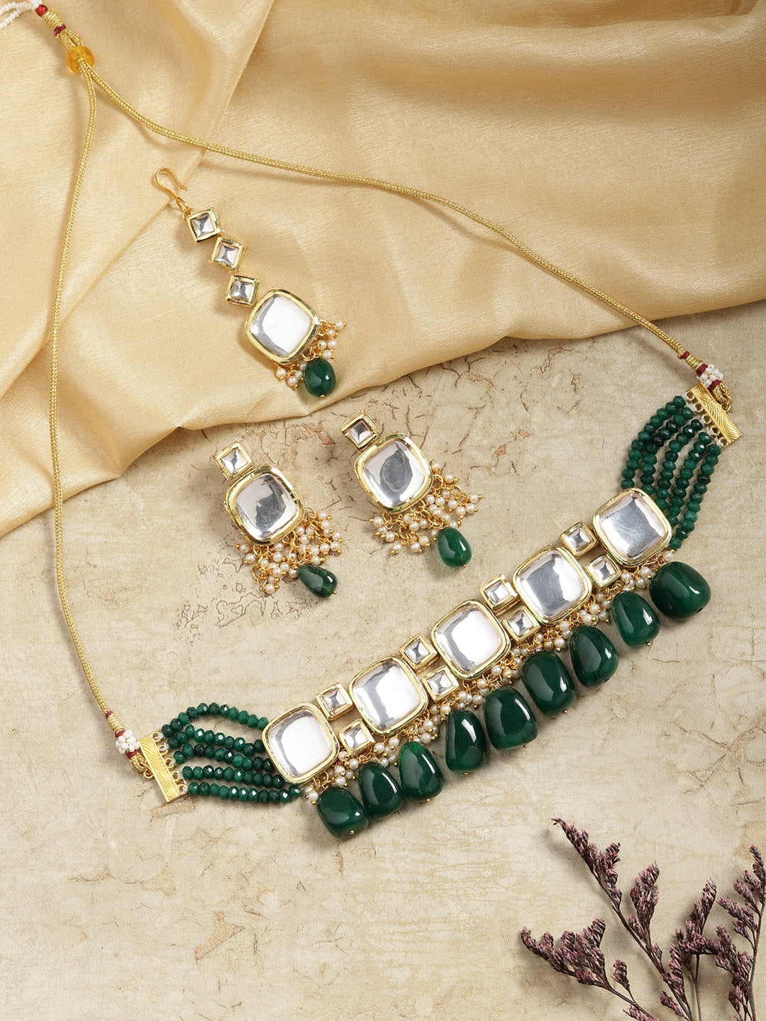 Gold-Plated Green & White Kundan Choker Necklace Set