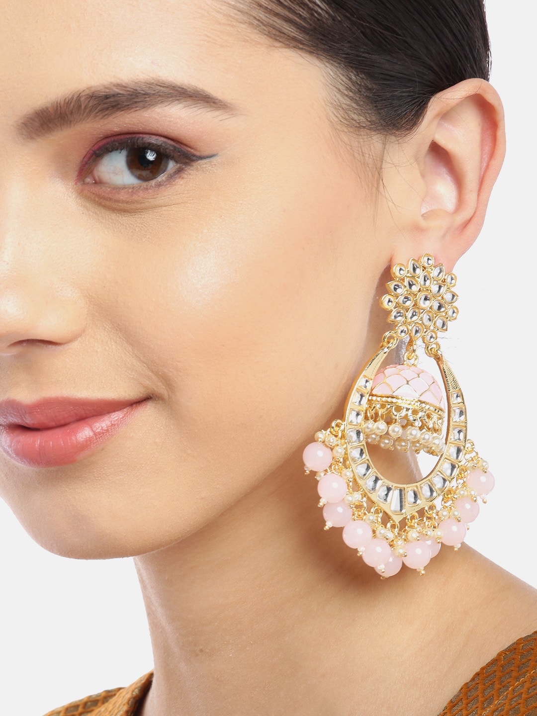 Pink Kundan & Beaded Handcrafted  Jhumkas