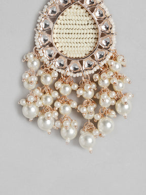 Off White Kundan Studded & Beaded Drop Earrings