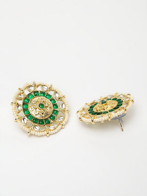 Gold-Plated White & Green Kundan-Studded Multi-Stranded Handcrafted Jewellery Set