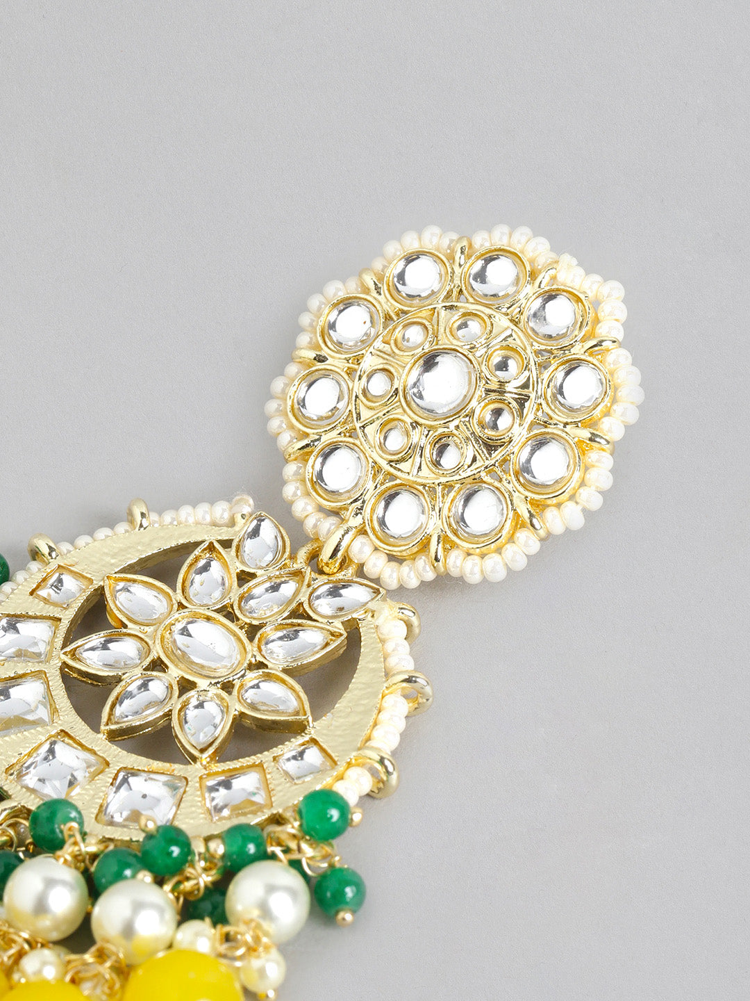 Yellow & Green Kundan Crescent Shaped Chandbalis