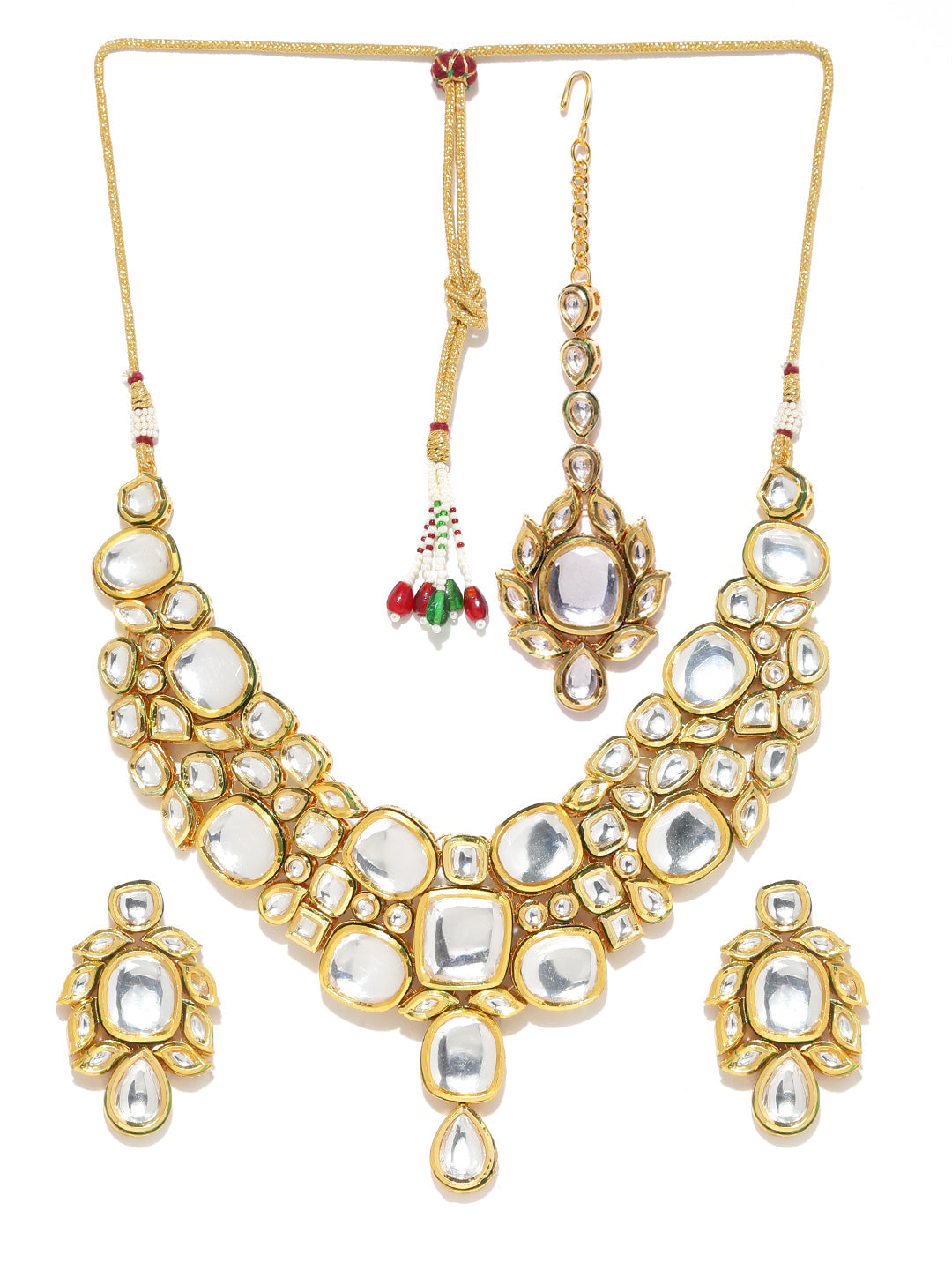 White 18k Gold-Plated Handcrafted Kundan Stone-Studded Jewellery Set