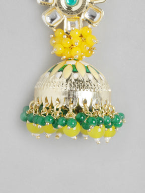 Yellow & Green Kundan Dome Shaped Jhumkas