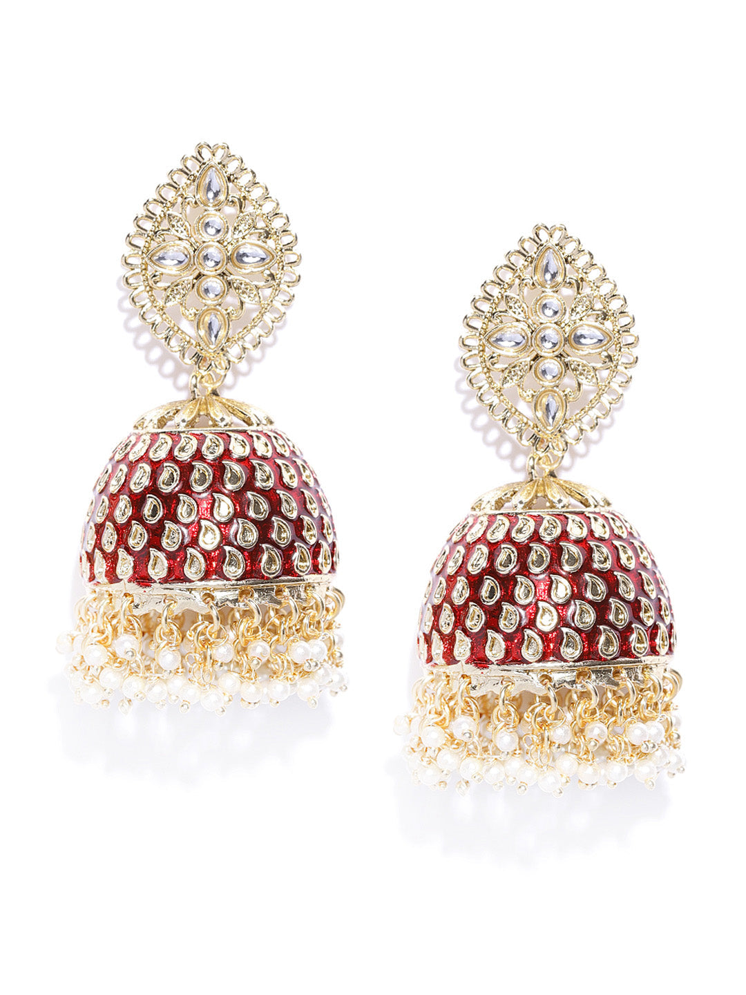 Maroon Gold-Plated Kundan Jhumka