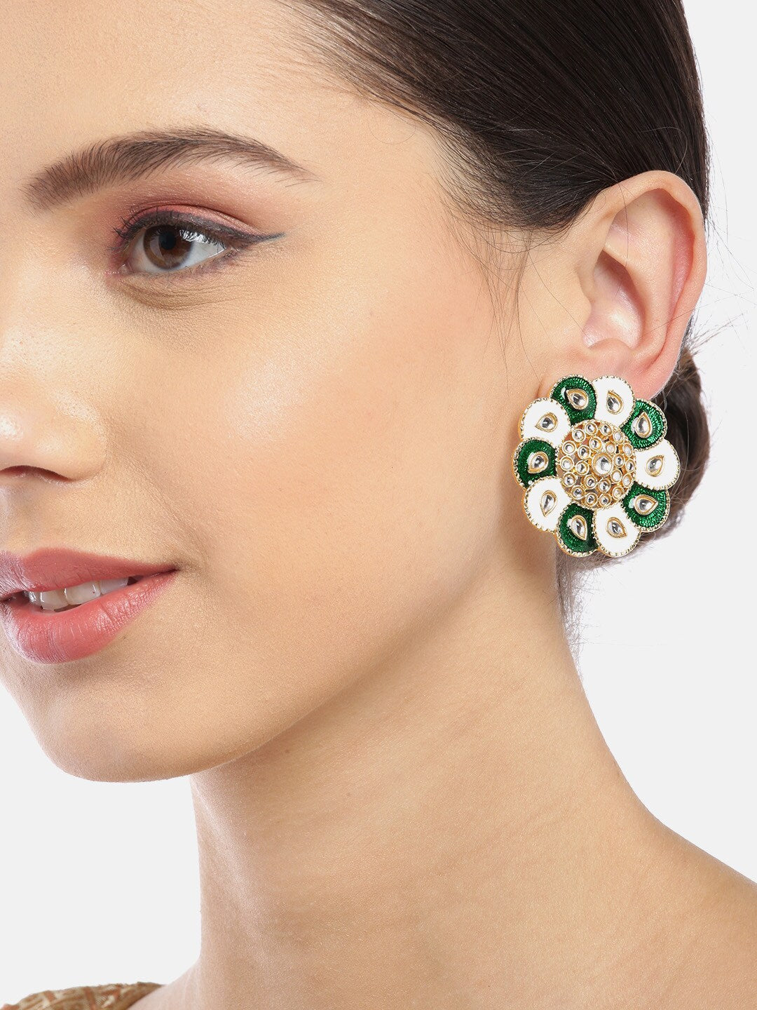 Green & White HandPainted Kundan Circular Studs