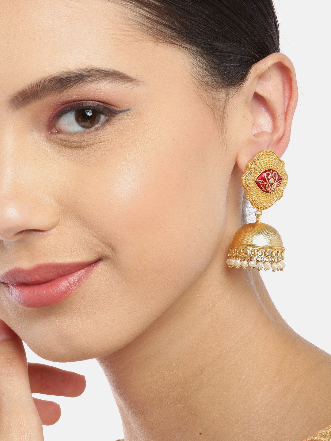 Red Enamelled Textured Handcrafted Dome Shaped Jhumkas