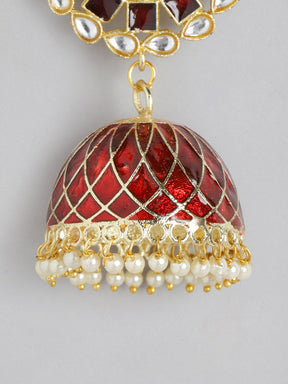 Red Gold-Plated  Kundan Jhumkas