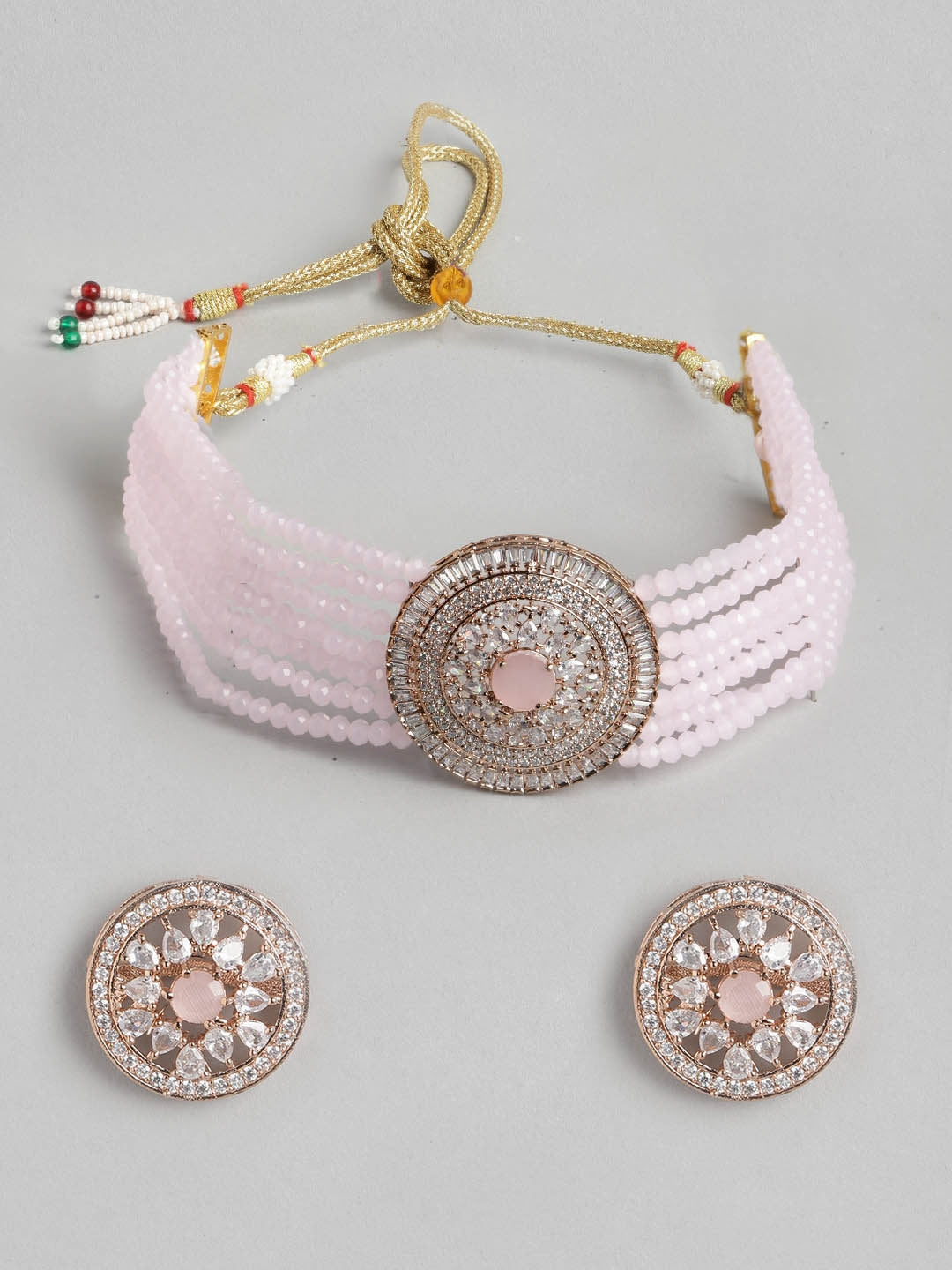 Pink Stone Studded & Beads Choker Necklace Set