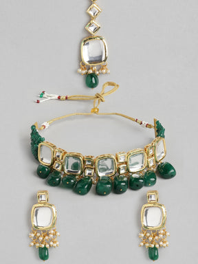 Gold-Plated Green & White Kundan Choker Necklace Set