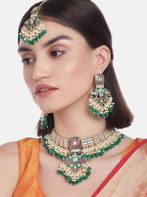 Green & Pink Brass Kundan Studded Jewellery Set