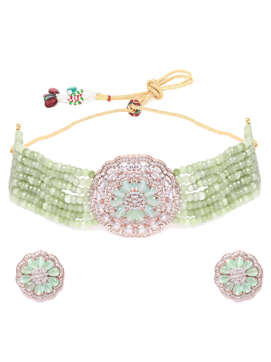 Mint Green Rose CZ-Studded & Beaded Jewellery Set