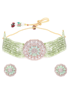 Mint Green Rose CZ-Studded & Beaded Jewellery Set