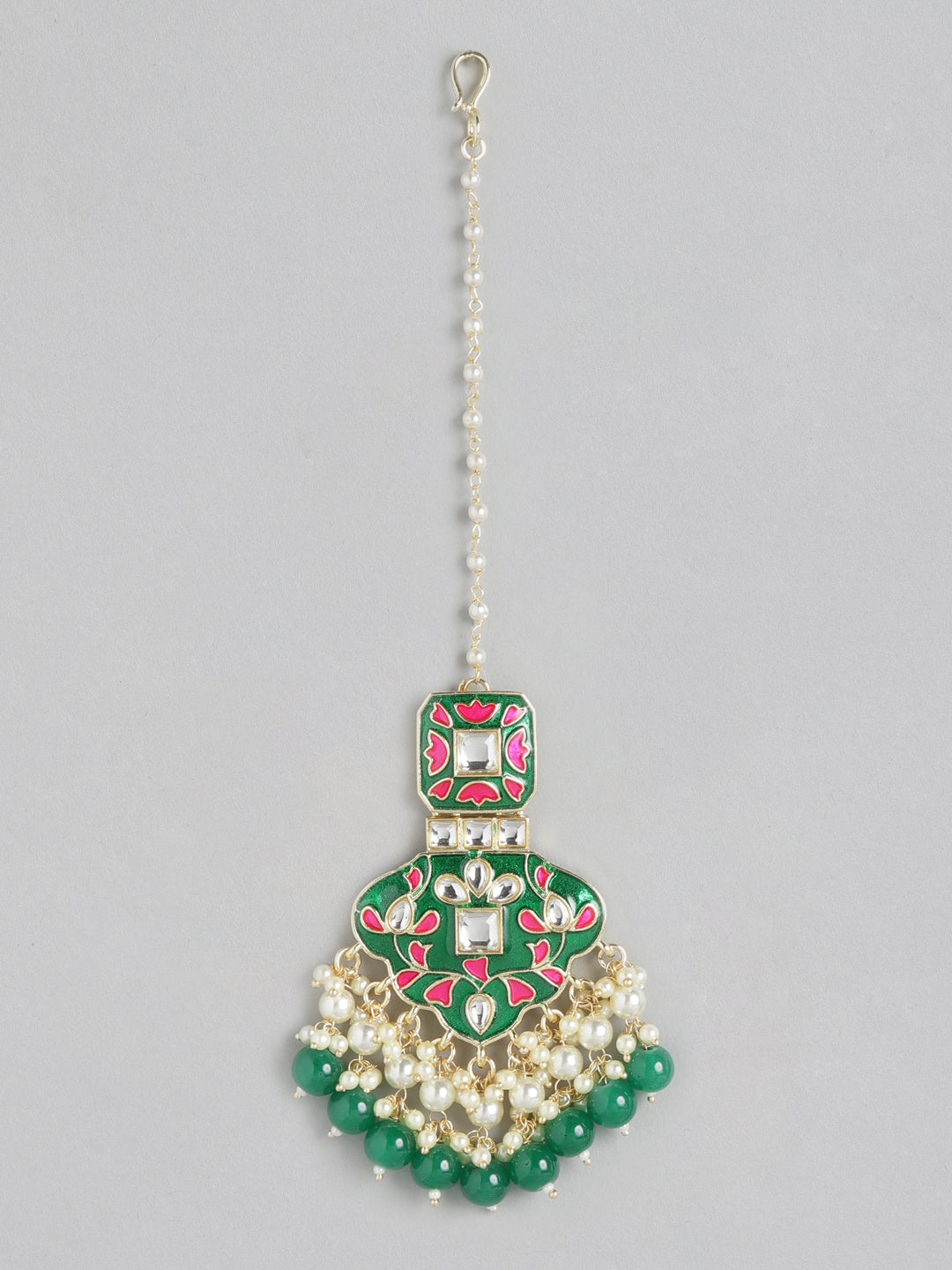 Green & Pink Brass Kundan Studded Jewellery Set