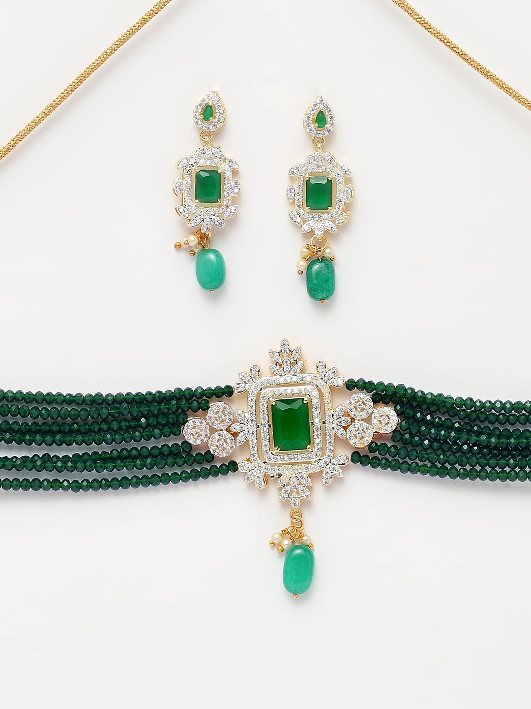 Green American Diamond Studded Handcrafted Jewellery Set