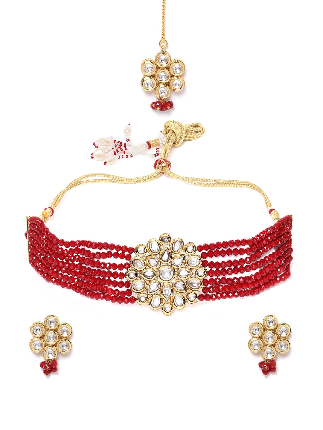 Pink Gold-Plated Kundan Studded & Beaded Jewellery Set