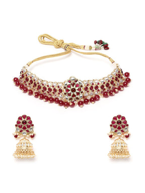 Maroon Gold-Plated Kundan Studded & Beaded Jewellery Set