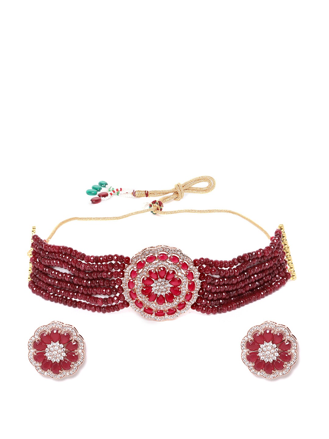 Maroon Rose CZ Studded & Beaded Choker Set