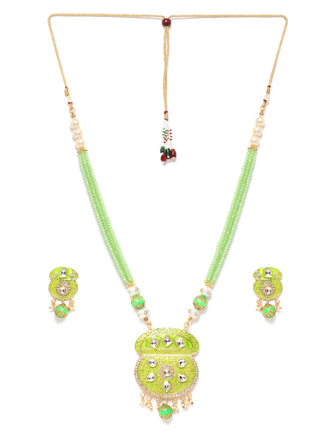 Fluorescent Green & White Gold-Plated Kundan-Studded & Beaded Jewellery Set