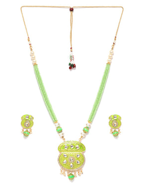 Fluorescent Green & White Gold-Plated Kundan-Studded & Beaded Jewellery Set