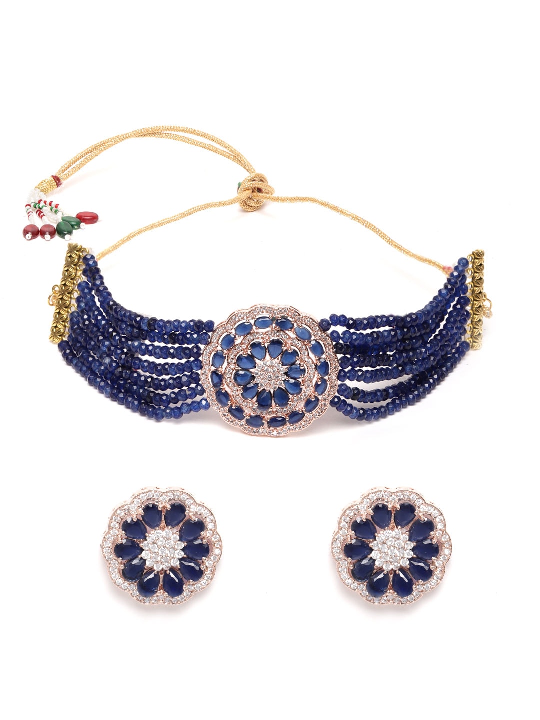 Navy Blue Rose CZ & Beaded Choker Set