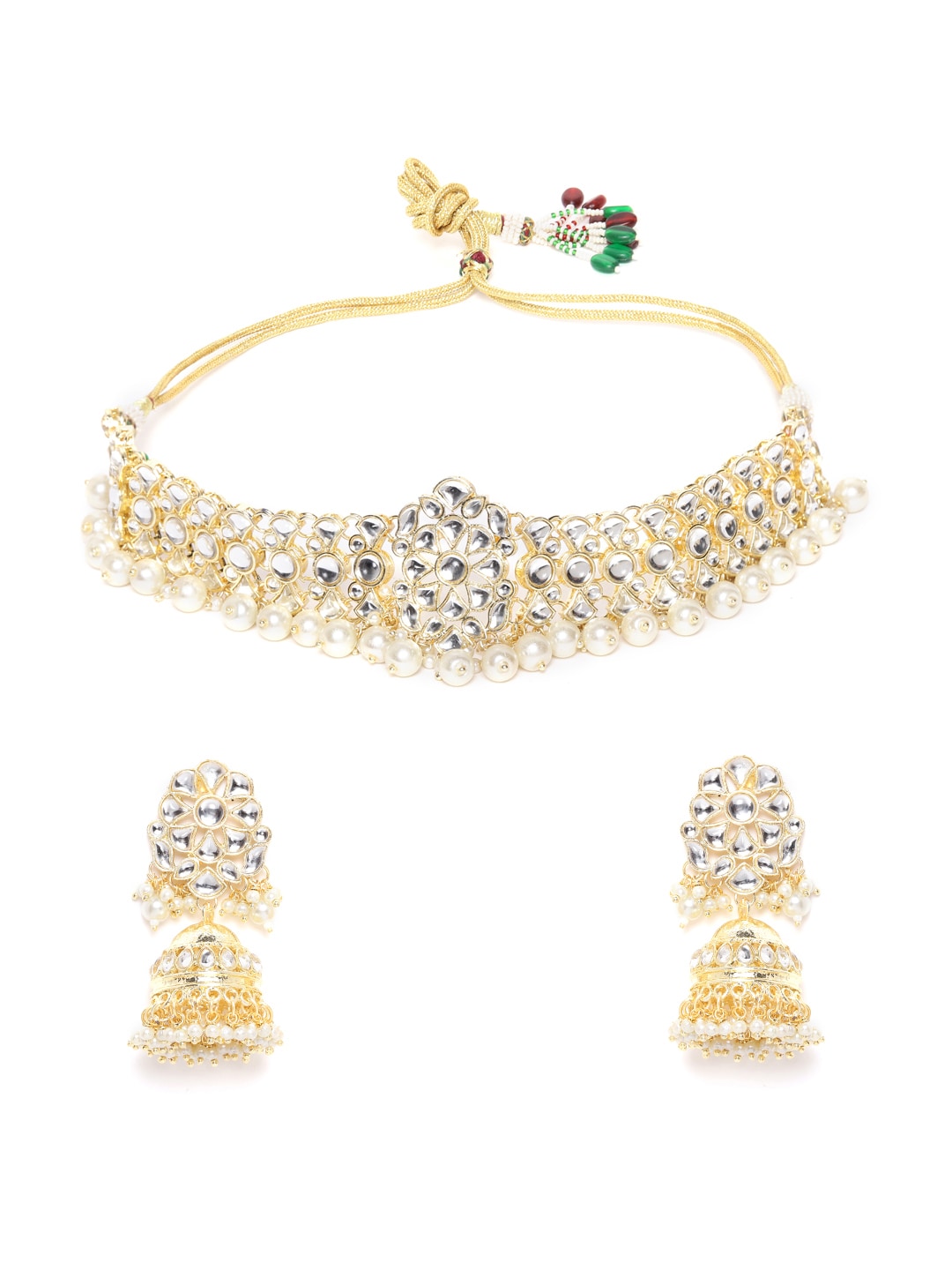 White Gold-Plated Kundan-Studded & Beaded Jewellery Set