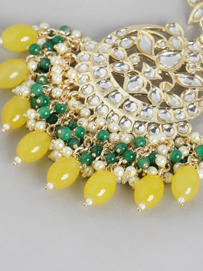 Yellow & Green Kundan Crescent Shaped Chandbalis