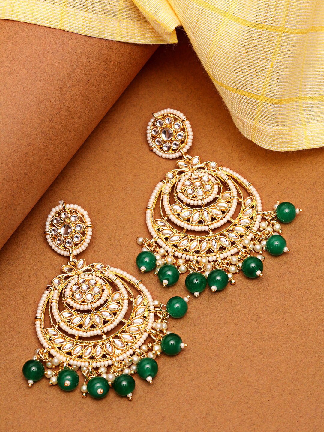 Circular Kundan Green Pearl ChandBali Earring