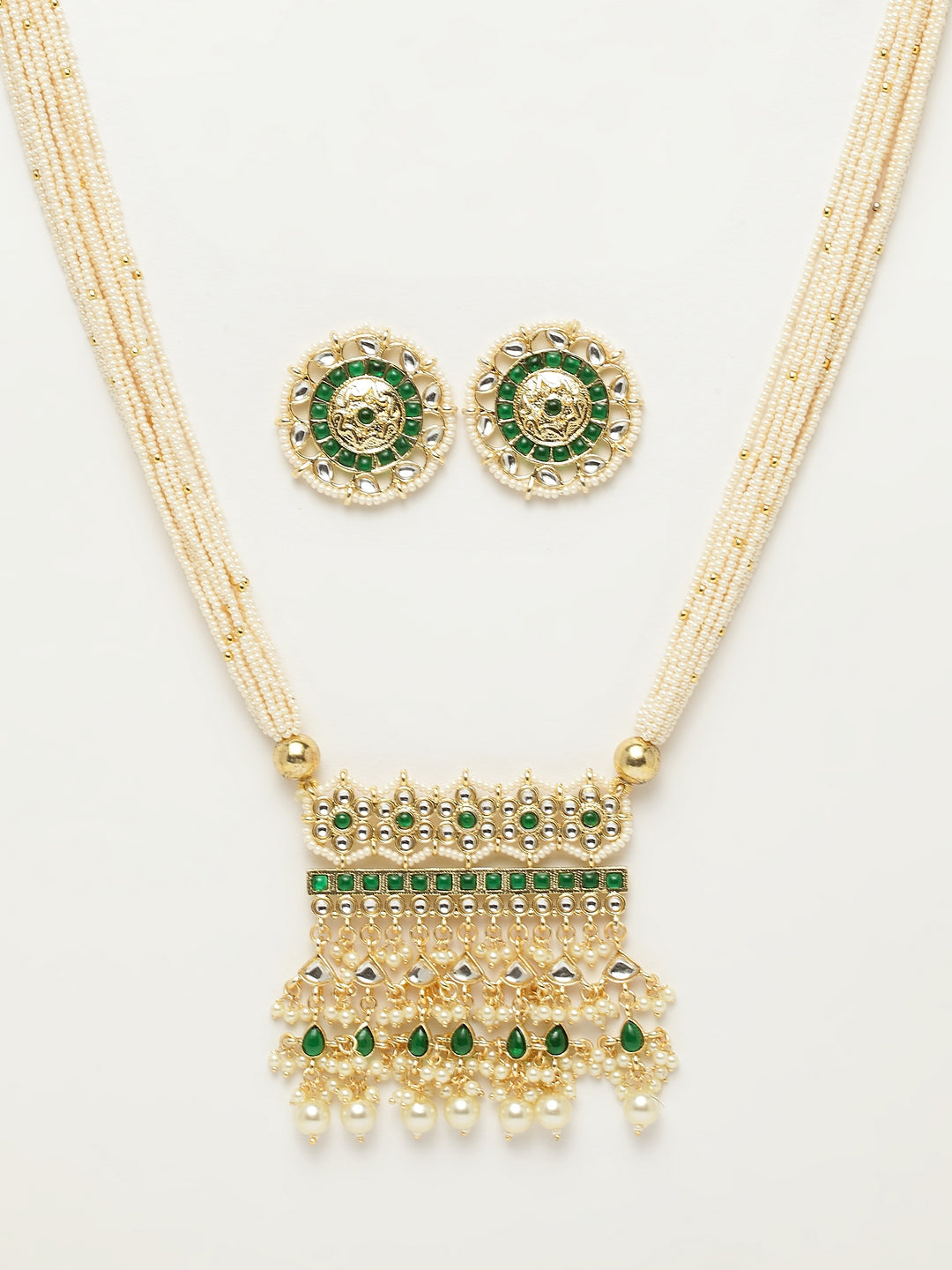 Gold-Plated White & Green Kundan-Studded Multi-Stranded Handcrafted Jewellery Set