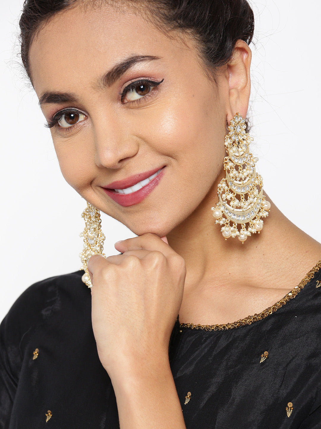 Kundan & Beaded Crescent Shaped Handcrafted Drop Earrings