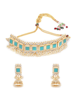 Turquoise Blue Gold-Plated Kundan-Studded Beaded Jewellery Set