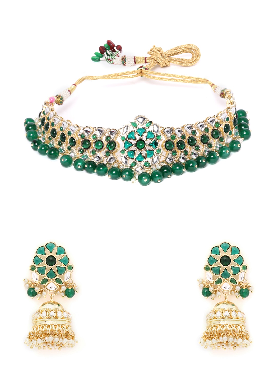 Green & Off-White Kundan & Beaded Choker Set