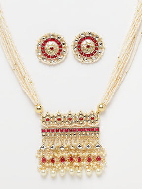 Gold-Plated White & Maroon Kundan-Studded Multi-Stranded Handcrafted Jewellery Set