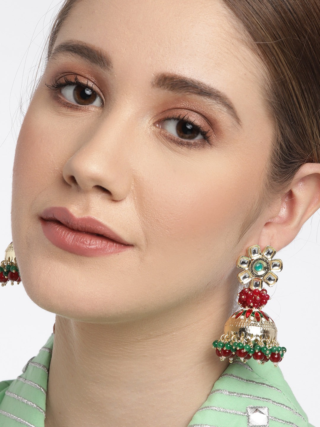 Red & Green Kundan Dome Shaped Jhumkas