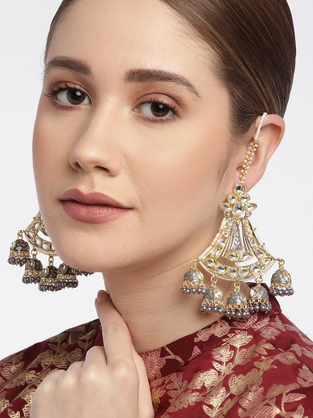 Grey Kundan Classic Jhumkas Earrings