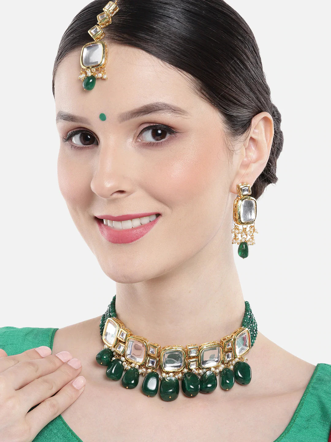 Gold-Plated Green & White Kundan Choker Necklace Set