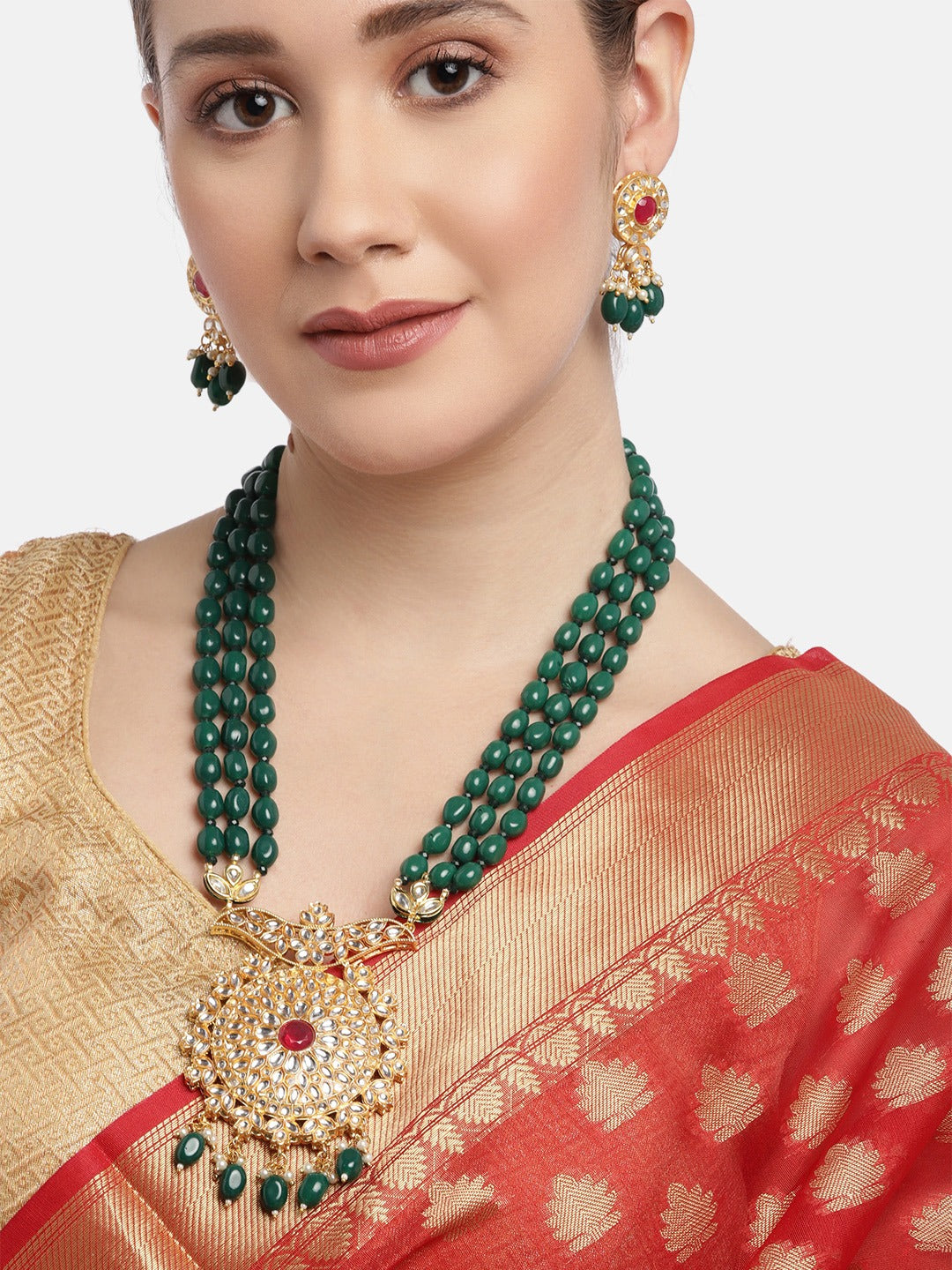 Green Gold-Plated Handcrafted Kundan Jewellery Set