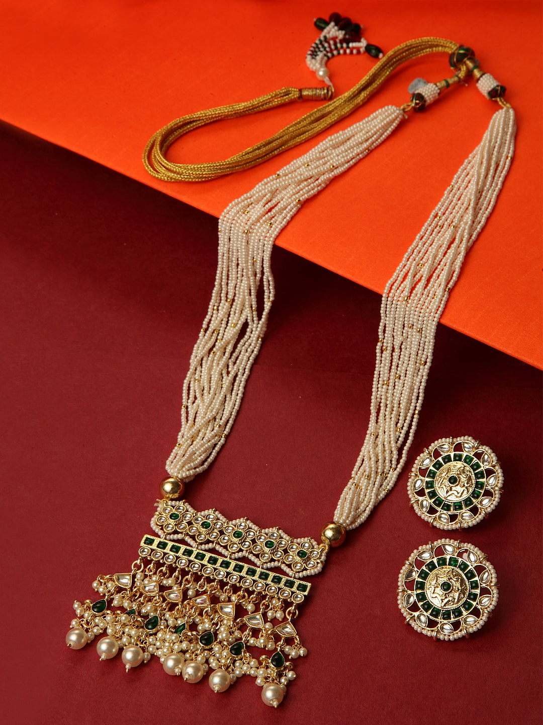 Gold-Plated White & Green Kundan-Studded Multi-Stranded Handcrafted Jewellery Set