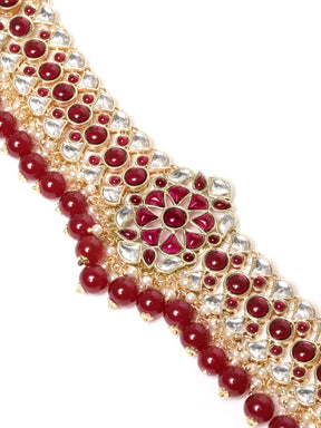 Maroon Gold-Plated Kundan Studded & Beaded Jewellery Set