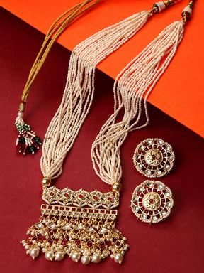 Gold-Plated White & Maroon Kundan-Studded Multi-Stranded Handcrafted Jewellery Set