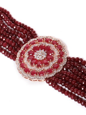 Maroon Rose CZ Studded & Beaded Choker Set