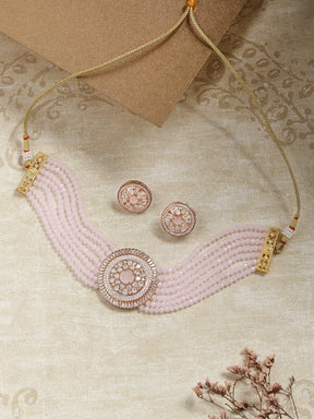 Pink Stone Studded & Beads Choker Necklace Set