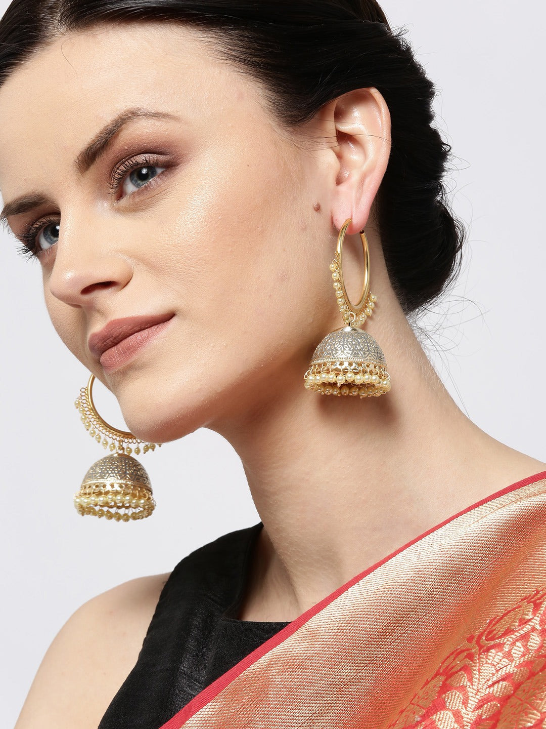 Grey Dome-Shaped Beaded Handcrafted Jhumkas