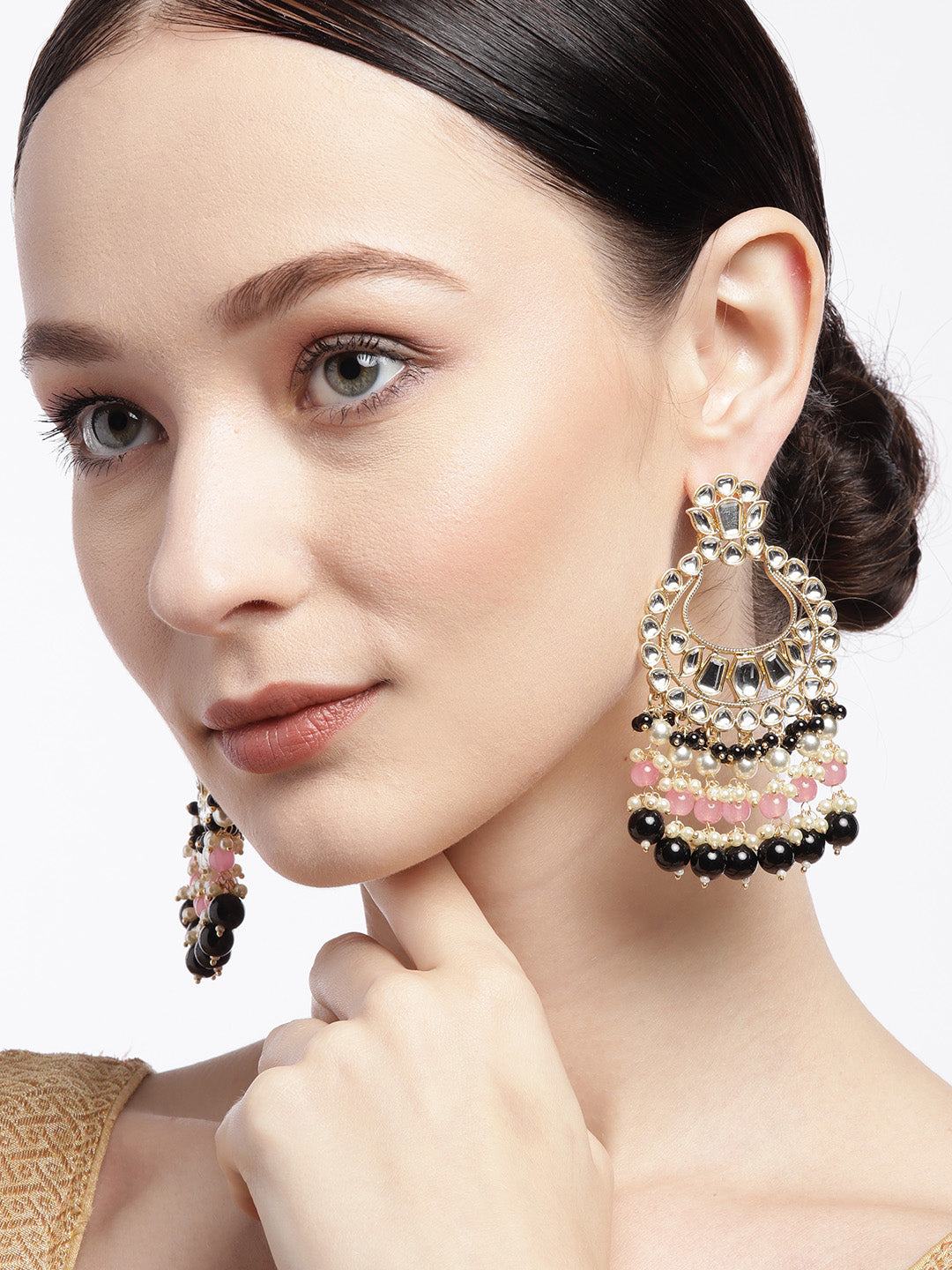 Black & Pink Kundan & Beaded Handcrafted Chandbalis