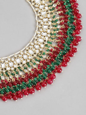 Red & Green Brass Kundan Studded Necklace