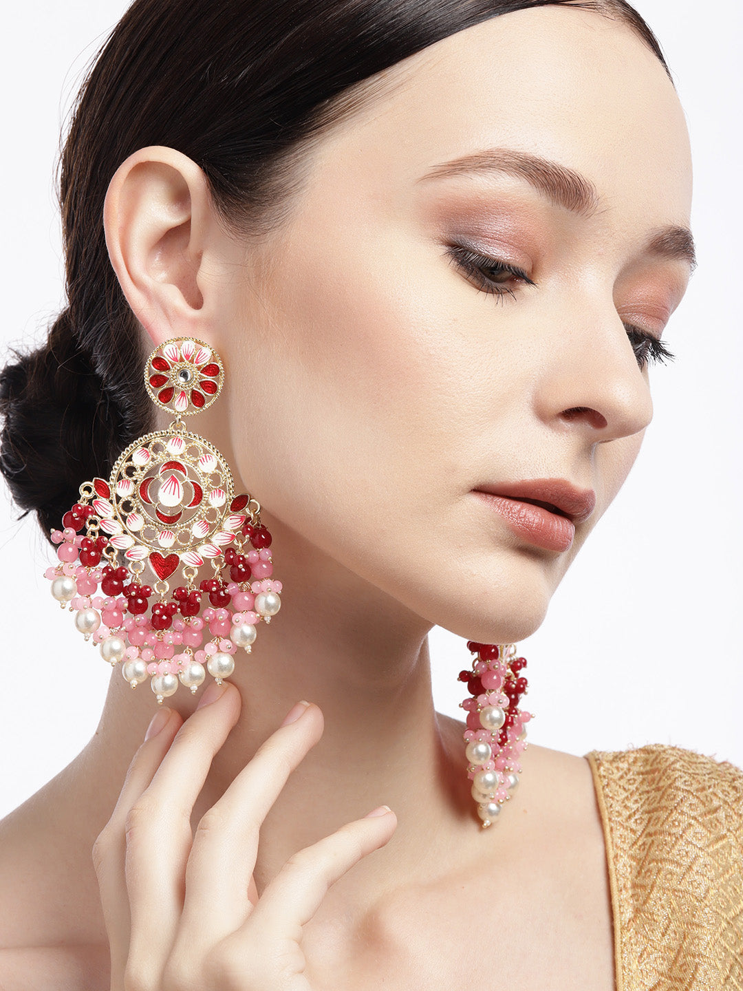 Red & Off-White Handcrafted Classic Drop Earrings