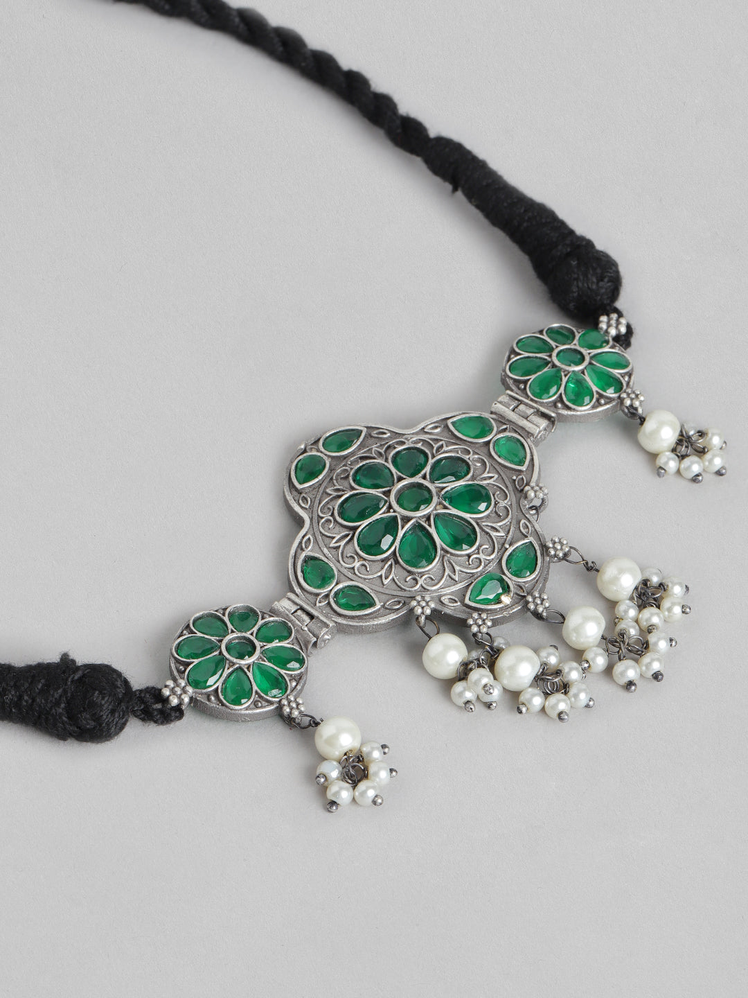 Green Oxidised Silver-Plated Kundan Choker Set