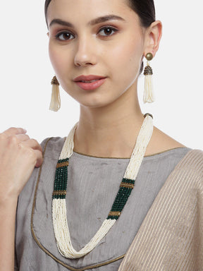 Green & Off-White Antique Gold-Plated Beaded Handcrafted Jewellery Set