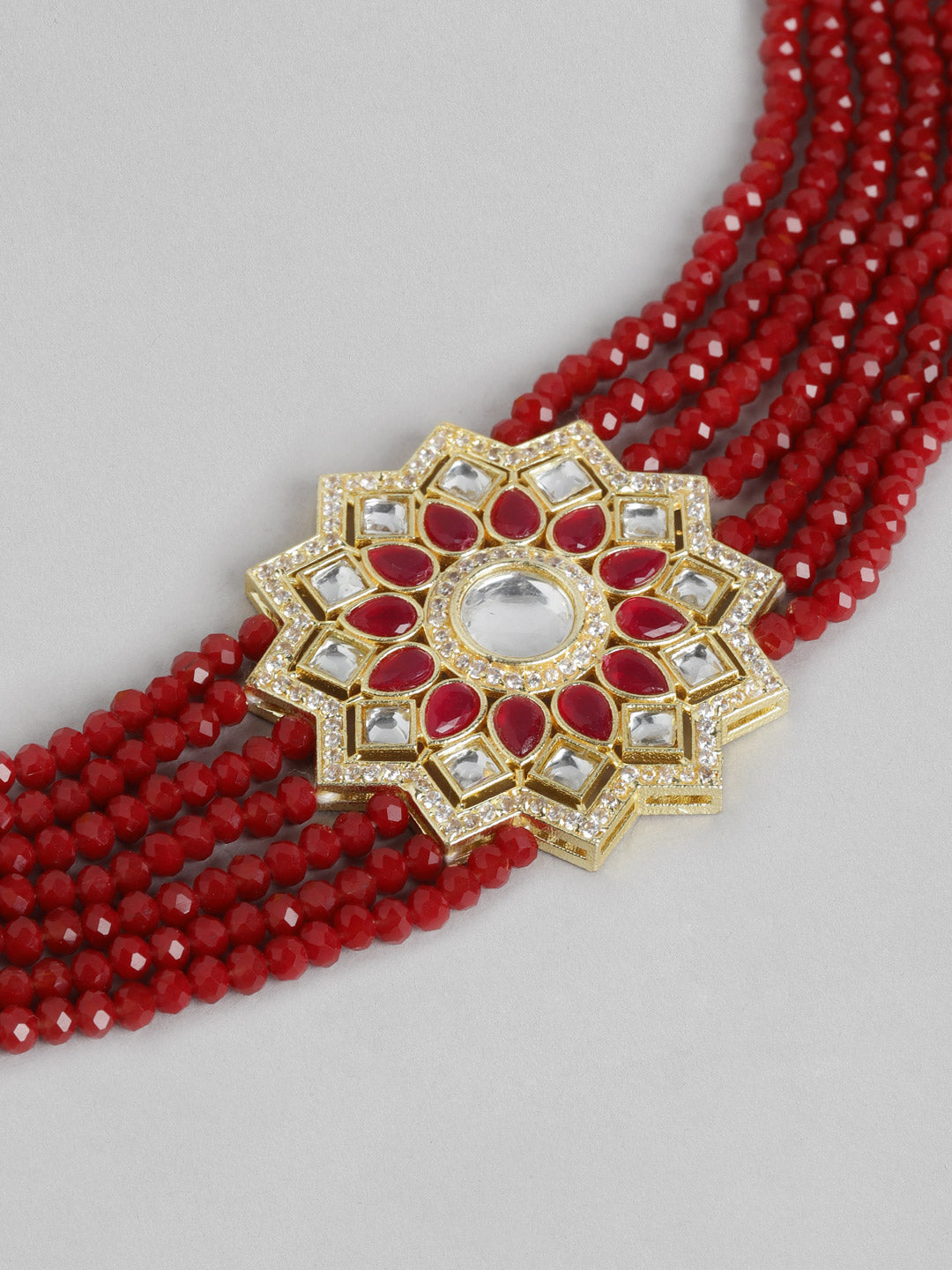 Maroon Gold-Plated Kundan Studded & Beaded Jewellery Set